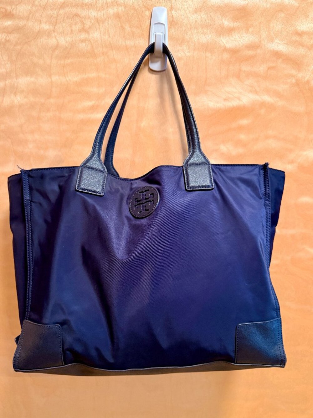 Tory Burch Navy Nylon Large Tote Bag Leather Trim Zip Top